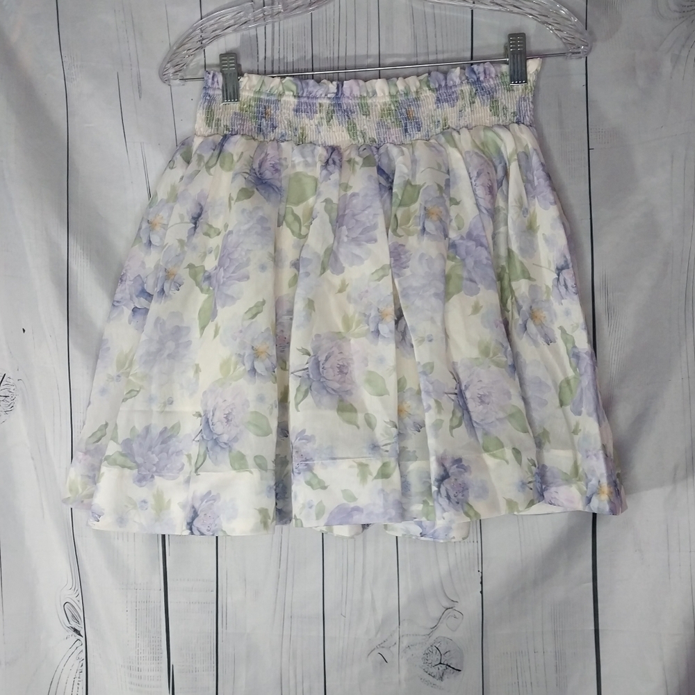 Mable Pastel Floral Purple Smocked Waist Feminine Preppy Skater Skirt